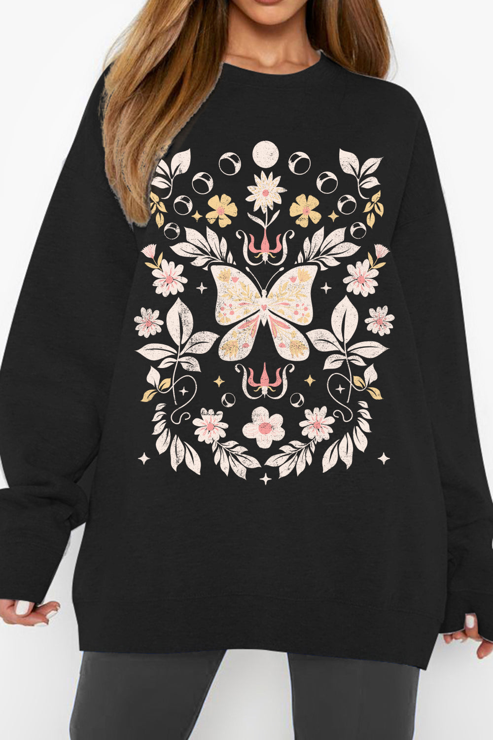 Simply Love Flower and Butterfly Graphic Sweatshirt