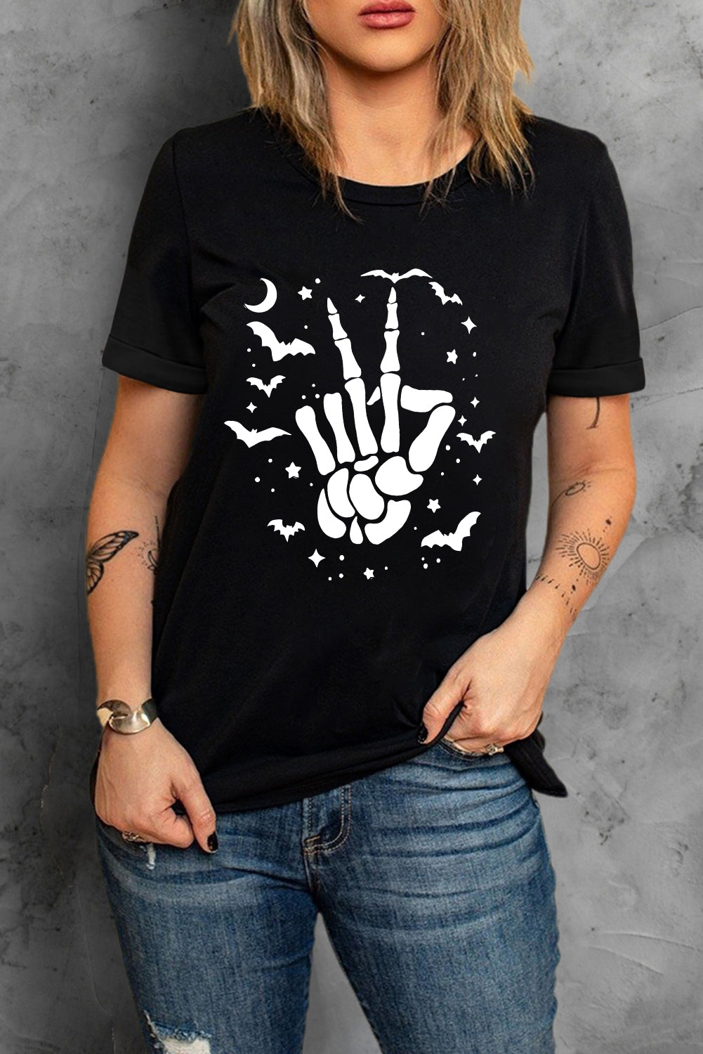 Skeleton Hand Round Neck Short Sleeve Graphic T-Shirt